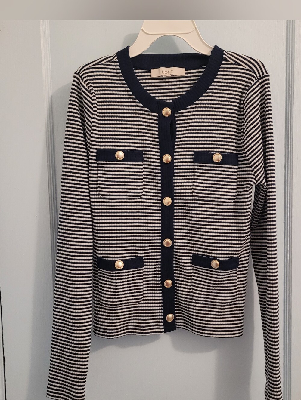 LOFT Navy & White Striped Button-Front Cardigan with Gold Buttons